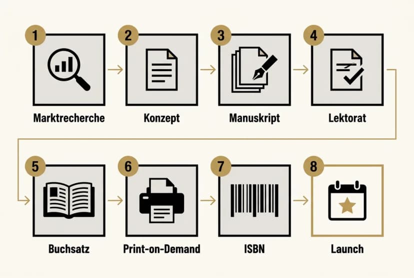 Prozess-Flow mit acht nummerierten Stationen in zwei Reihen von je vier Feldern, beschriftet mit Marktrecherche, Konzept, Manuskript, Lektorat, Buchsatz, Print-on-Demand, ISBN und Launch; Pfeile verbinden die Felder in dieser Reihenfolge, das achte Feld ist golden umrandet