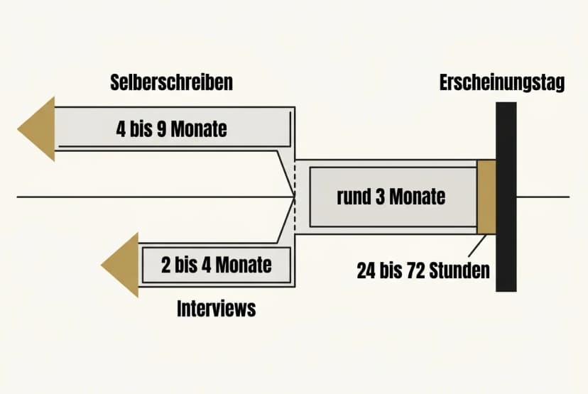 Zeitachse, die vom Erscheinungstag am rechten Rand nach links rückwärts gerechnet wird: direkt vor dem Erscheinungstag ein schmaler goldener Abschnitt für die Freischaltung mit 24 bis 72 Stunden, davor ein breiter Abschnitt mit rund 3 Monaten für die Produktion, der sich nach links in zwei Zweige gabelt, oben 4 bis 9 Monate für das Selberschreiben, unten 2 bis 4 Monate für den Interviewweg