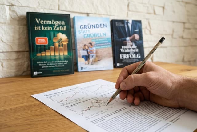 Strategiearbeit am Tisch: erschienene Titel des Verlags nebeneinander ausgelegt, daneben ein Notizbuch mit handgezeichnetem Marktraster