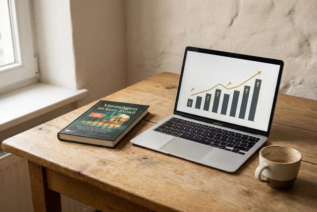 Nach dem Launch: das fertige Buch liegt neben einem Laptop, auf dem eine steigende Verkaufskurve zu sehen ist