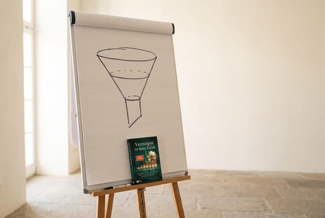Vorbereitung des Coaching-Programms: ein Flipchart mit handgezeichnetem Funnel, davor das fertige Buch auf der Ablage