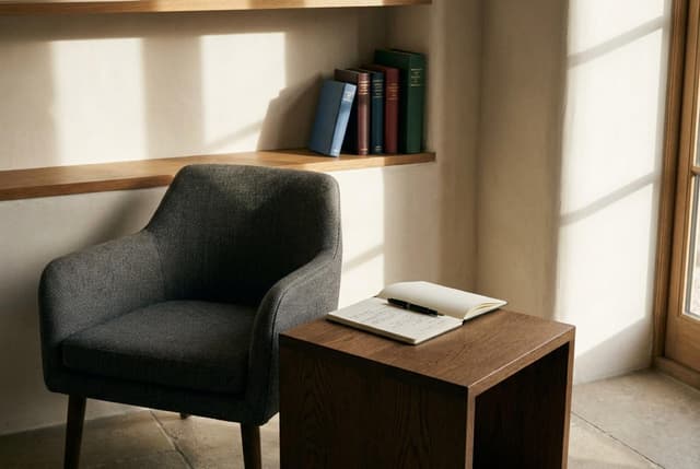 Ein vorbereiteter Platz für das Erstgespräch: Sessel am Fenster, daneben ein Beistelltisch mit aufgeschlagenem Notizbuch und Füller