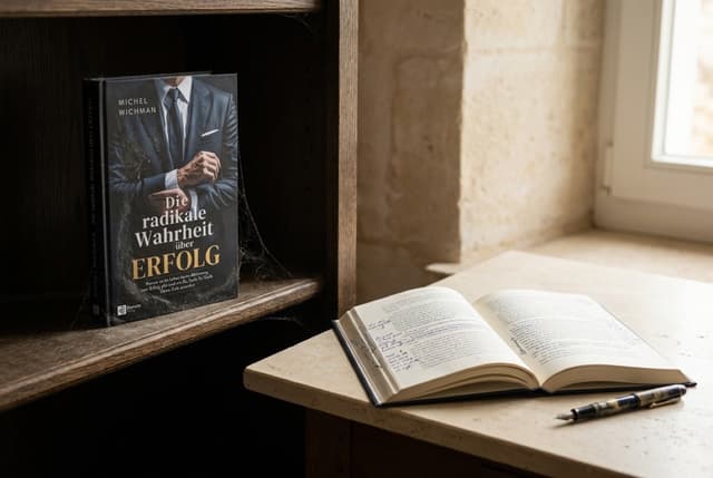 Dasselbe Buch zweimal: links unberührt im dunklen Regal, rechts aufgeschlagen auf dem Schreibtisch mit handschriftlichen Notizen