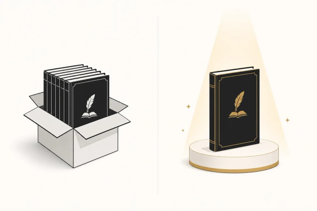 Illustration: links stapeln sich die Bücher ungenutzt im Versandkarton, rechts steht dasselbe Buch angestrahlt auf einem Podest