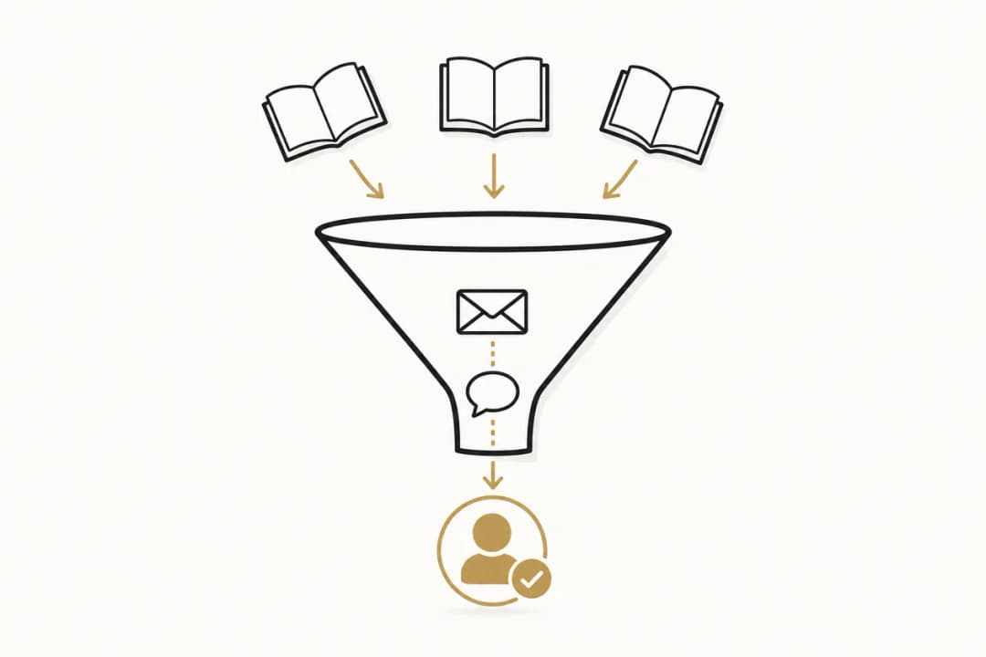 Illustration: aufgeschlagene Bücher gleiten in einen Trichter, über Anfrage und Gespräch tritt unten ein goldener Kunde aus