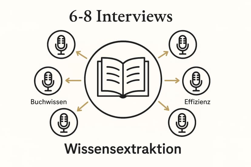 Diese Grafik veranschaulicht das Konzept der 6-8 Interviews als zentrales Element zur Gewinnung von Buchwissen für Unternehmer.