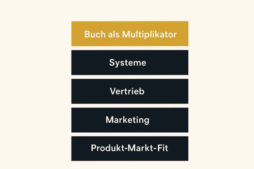 Das Bild veranschaulicht die Business Hierarchy of Needs: von der Basis bis zum Buch als strategischem Multiplikator.