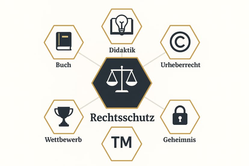 Diese Grafik vermittelt die Zusammenführung von rechtlichem Schutz und didaktischer Gestaltung als Grundlage des unkopierbaren Wettbewerbsvorteils.