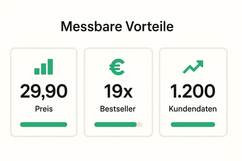 Konkrete Zahlen: Visualisiert, wie ein höherer Buchpreis, Bestseller-Positionen und direkte Kundendaten den Wert des Buchfunnels erhöhen.
