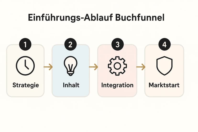 Klarer Umsetzungsplan: Vier Phasen zeigen, wie ein Buchfunnel-Projekt mit Remote Verlag strukturiert und gestartet wird.
