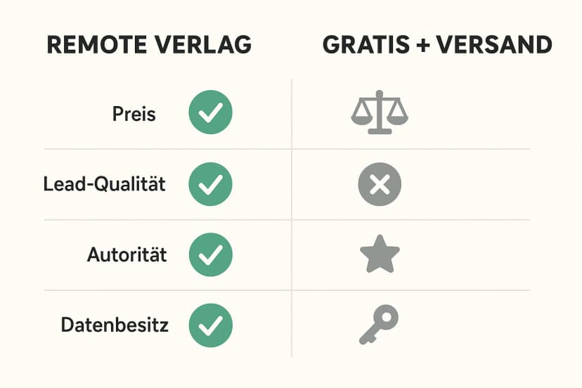 Direkter Vergleich: Warum ein Remote-Verlag-Modell mehr Autorität, bessere Leads und echten Datenbesitz liefert als Gratis+Versand-Modelle.