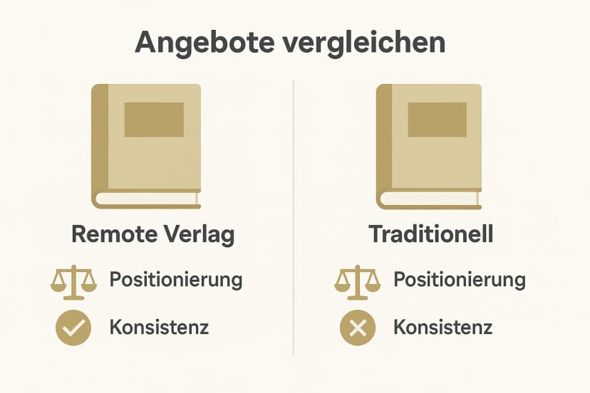Gegenüberstellung: Remote Verlag und traditioneller Verlag im Vergleich nach Positionierung und Markenkonsistenz für Autoren. Hilft schnell zu entscheiden.
