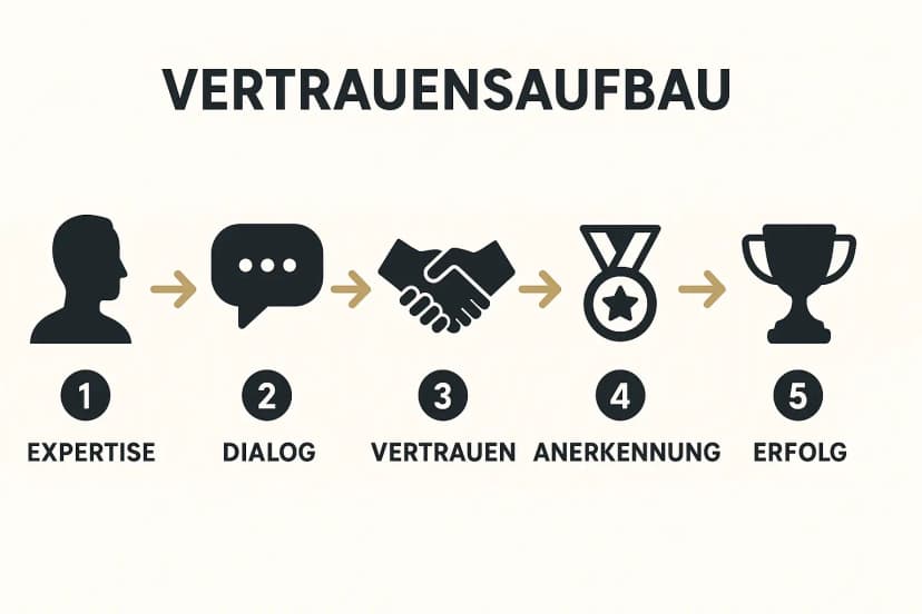 Der Ablauf zeigt die Schritte von Expertise über Dialog bis hin zu Erfolg als Ergebnis von Vertrauen und Anerkennung.
