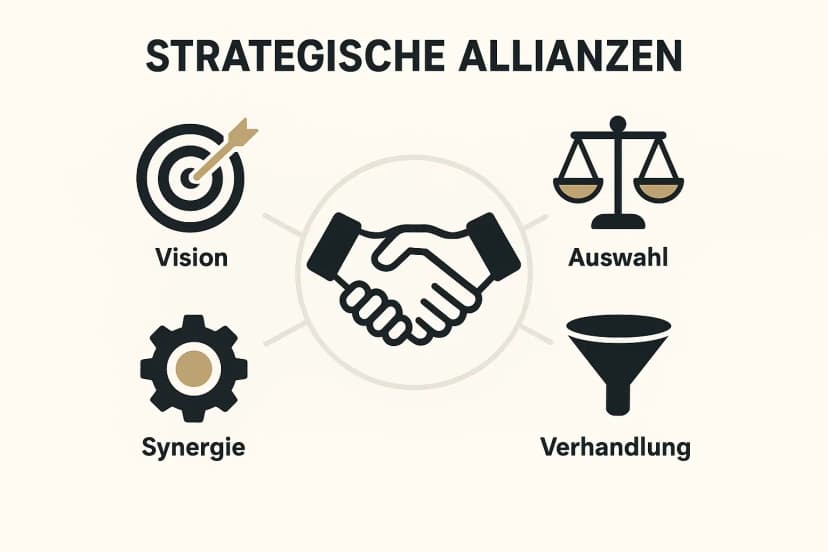 Dieses Bild zeigt die zentralen Elemente für erfolgreiche strategische Allianzen, gestützt durch gezielte Auswahl und Verhandlung.