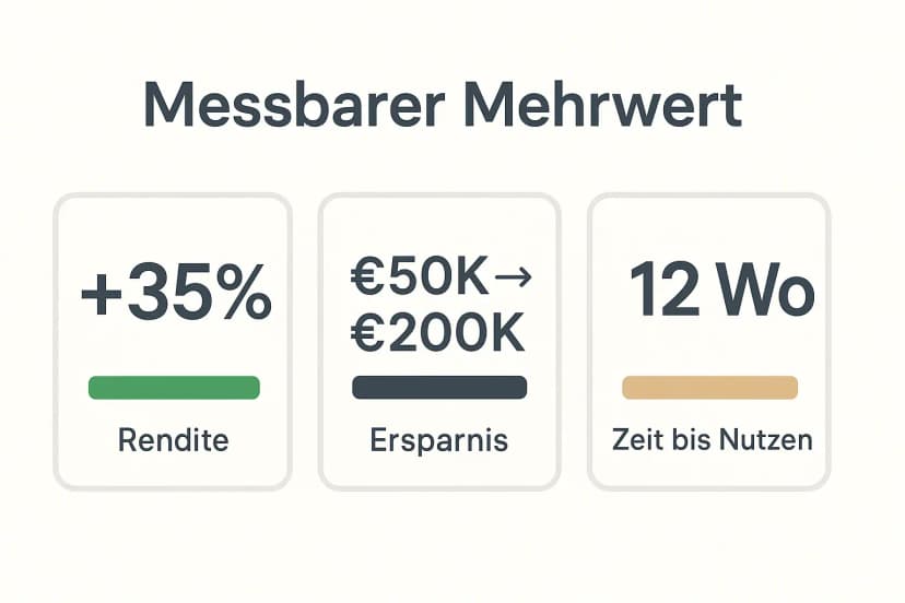 Infografik, die den quantifizierbaren Mehrwert eines Investmentbuchs anhand von Rendite, Kosteneinsparung und Zeit bis zum Nutzen visualisiert.