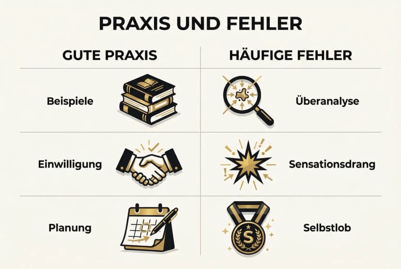 Vergleicht bewährte Vorgehensweisen mit typischen Fehlern beim Einbinden persönlicher Geschichten und unterstützt ethische, wirksame Entscheidungen.