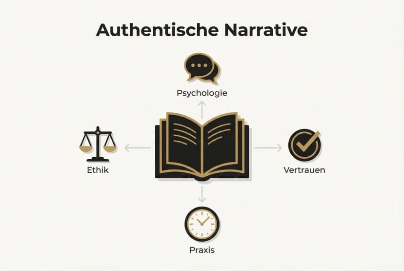 Vier Säulen einer belastbaren Erzählung im Sachbuch: Psychologie der Wirkung, ethische Grenzen, Vertrauen und die praktische Anwendung im Manuskript.