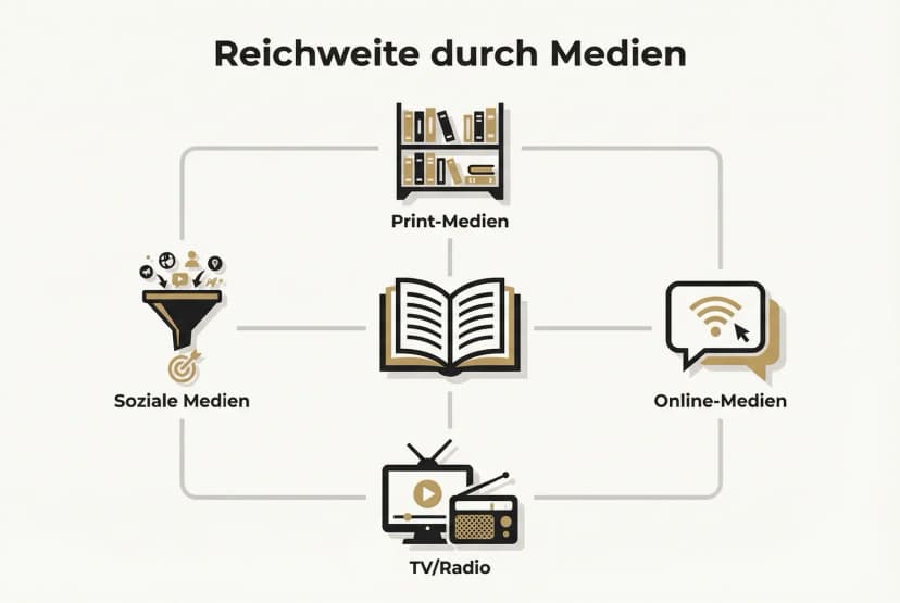 Visuelle Übersicht, wie ein Unternehmerbuch als zentraler Autoritätsanker verschiedene Medienkanäle erreicht, ideal für die Einleitung zur Wirkung von Medienpräsenz.