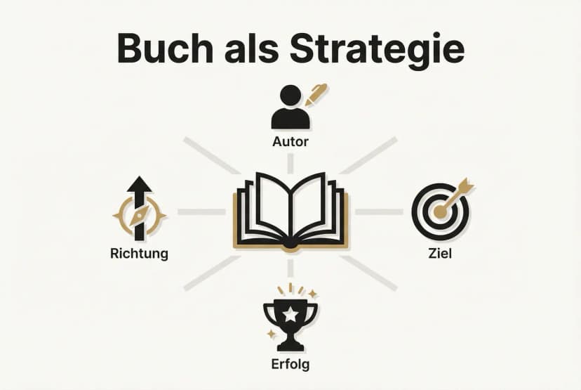 Das Bild visualisiert das Buch als strategisches Kernstück: Autor, Zielgruppe, Richtung und Erfolg sind klar verbunden und übersichtlich dargestellt.