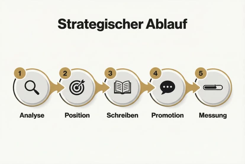 Der Ablauf visualisiert die operative Roadmap: Von Analyse über Positionierung und Schreiben bis zur Promotion und Messung der Wirkung des Buchs.