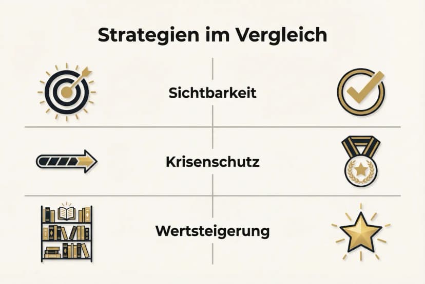 Das Grid zeigt nebeneinander präventive und reaktive Maßnahmen, sodass Autoren schnell die richtige Strategie für Sichtbarkeit, Schutz und Wertsteigerung erkennen können.