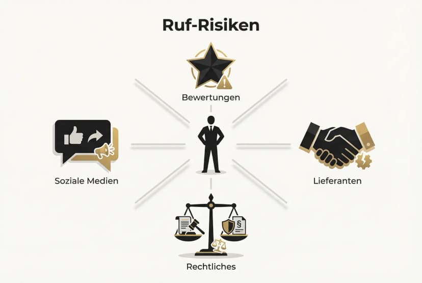 Übersichtsgrafik, die Reputationsschäden durch aggressive "Gratis plus Versand"-Angebote aus verschiedenen Quellen wie negativen Bewertungen, sozialen Medien, Lieferantenkonflikten und rechtlichen Risiken darstellt.
