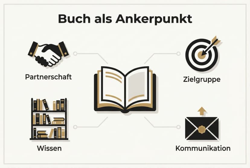 Diese Grafik zeigt, wie dein Buch als zentraler Ankerpunkt für die Gewinnung von strategischen Partnern und Joint Ventures dient, indem es Wissen, Kommunikation und Zielgruppenansprache verbindet.