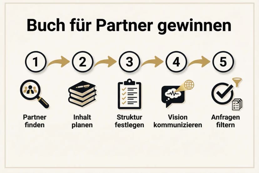 Der Ablauf zeigt die fünf wichtigsten Schritte, um dein Buch gezielt für die Gewinnung strategischer Partner zu planen, Inhalte zu strukturieren und Partneranfragen zu filtern.