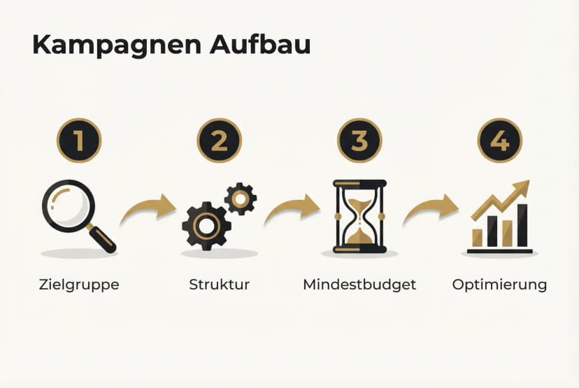 Klarer Ablauf: Vier zentrale Schritte zur Einrichtung profitabler Meta-Anzeigen-Kampagnen für Autor*innen, von Zielgruppe bis Optimierung.