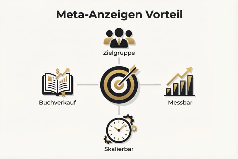 Übersicht: Warum Meta-Anzeigen ideal für den Online-Buchverkauf sind: Zielgruppenreichweite, Messbarkeit und Skalierbarkeit klar visualisiert.