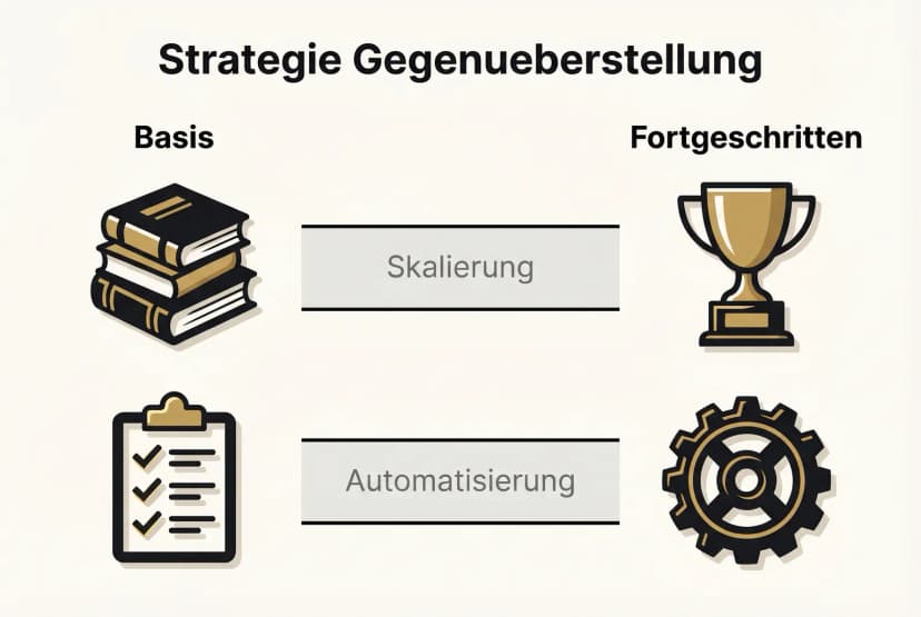 Vergleich: Basis- vs. Fortgeschrittene Meta-Anzeigen-Strategien für Autor*innen, Fokus auf Skalierung und Automatisierung erklärt.
