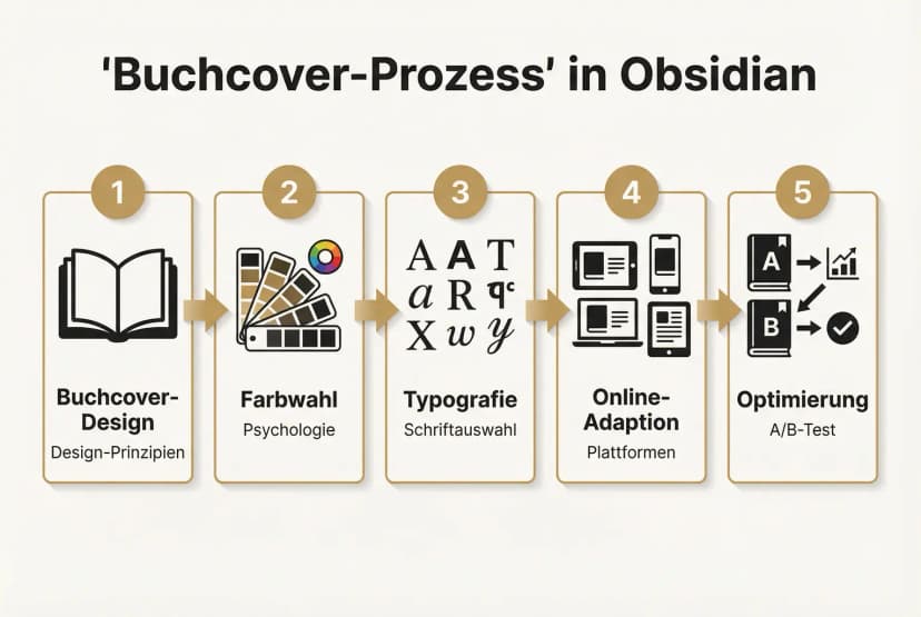 Das Bild veranschaulicht den Weg vom Design über A/B-Tests zum perfekten Buchcover für verschiedene Plattformen und eine starke Online-Reputation.