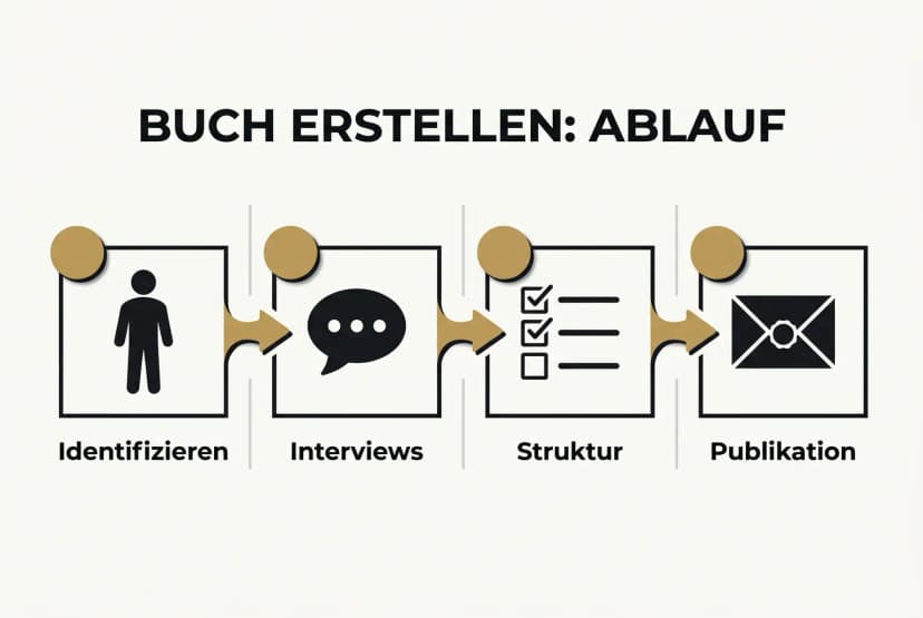 Ein visueller Schritt-für-Schritt-Ablauf zeigt die praktischen Etappen zur Erstellung eines Nachfolgebuchs, ideal als Checkliste für den Einstieg.