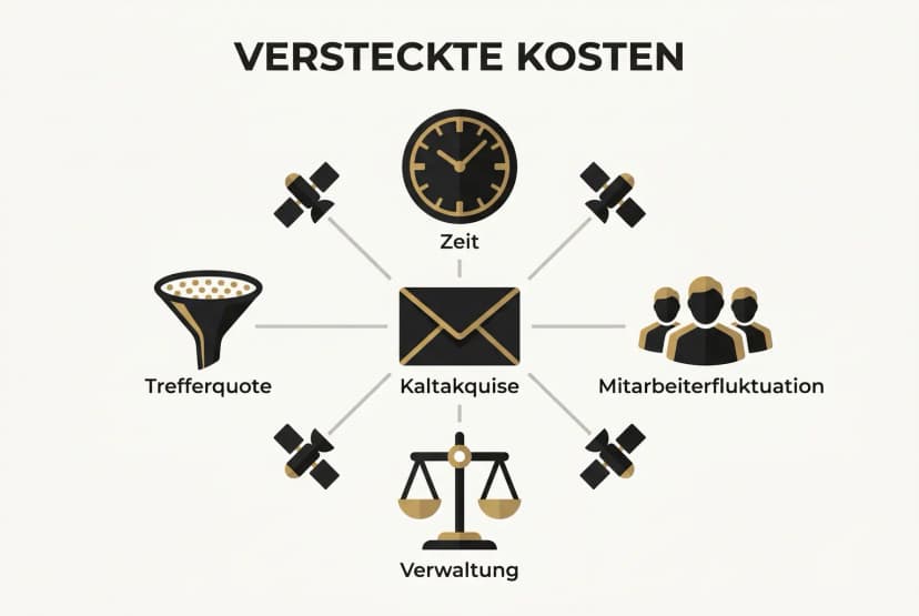 Visualisiert die unsichtbaren Kosten der Kaltakquise: Zeit, Mitarbeiterfluktuation, Verwaltungsaufwand und geringe Trefferquote in einer klaren, datenorientierten Grafik.