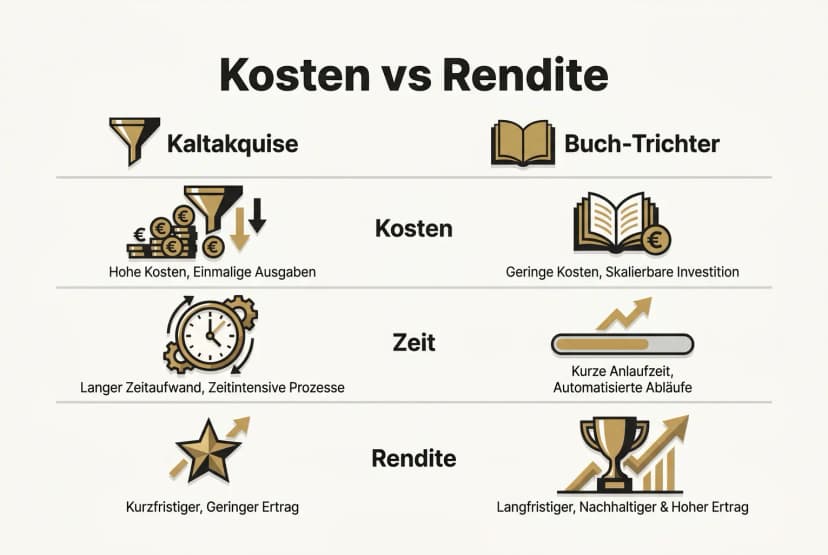 Direkter Vergleich: Kurzfristige Kosten und hoher Zeitaufwand der Kaltakquise gegenüber langfristiger, skalierbarer Rendite durch einen Buch-Trichter.