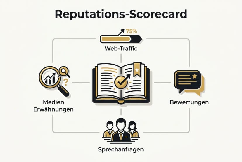 Übersichtsgrafik der Reputations-Scorecard: Zentrale Rolle des Buchs und vier Messdimensionen (Traffic, Reviews, Anfragen, Medien) zur Bewertung der Markenautorität.