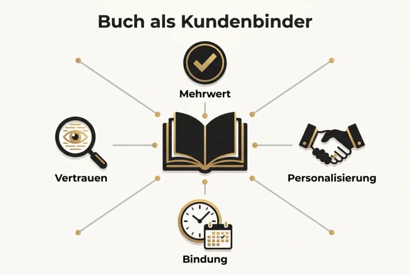 Ein Schaubild visualisiert, wie ein Buch durch die vier Säulen Mehrwert, Personalisierung, Bindung und Vertrauen den Customer Lifetime Value steigert.