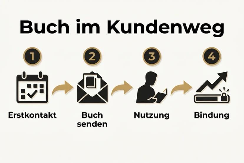Eine Infografik zeigt die verschiedenen Phasen der Customer Journey, vom Onboarding über die laufende Betreuung bis zum Upselling, und wie ein Buch in jeder Phase zur Kundenbindung beiträgt.
