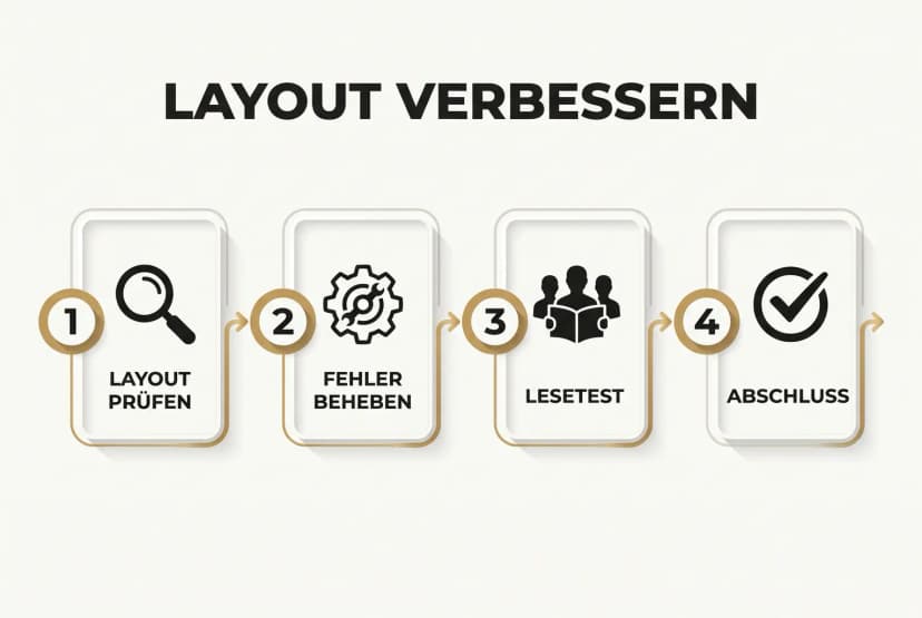 Konzentrische Darstellung der Kernprinzipien: Typografie, Ränder, Lesbarkeit und Konsistenz als Säulen für glaubwürdiges, professionelles Buchdesign.