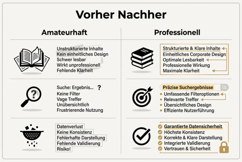 Anschaulicher Vorher-Nachher-Vergleich, der typische Fehler (links) und professionelle Lösungen (rechts) in Schrift, Lesbarkeit und Konsistenz demonstriert.