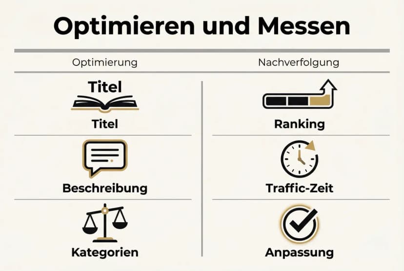 Eine Grafik, die zeigt, wie die Optimierung eines Buch-Listings und die anschließende Leistungsmessung in einem Kreislauf für nachhaltige Sichtbarkeit auf Amazon zusammenarbeiten.