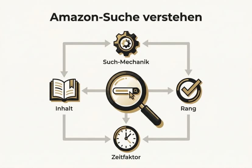 Visualisierung der vier Säulen der Amazon-Suche: Mechanik, Ranking, Zeit und Inhalt, die die Wichtigkeit von Keywords verdeutlichen.