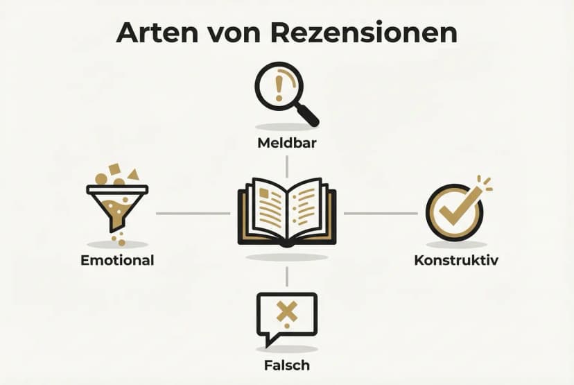 Klare Kategorisierung: Zeigt, welche Rezensionen meldepflichtig sind und welche als konstruktives Feedback genutzt werden können. Hilft schnelle Einordnung.