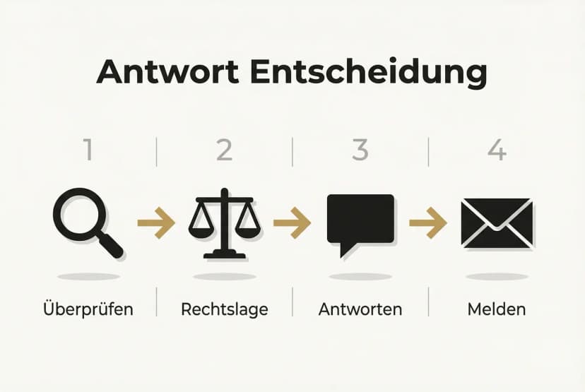 Schritt-für-Schritt-Entscheidung: Schnell prüfen, rechtlich einschätzen, sachlich antworten oder bei beleidigenden Rezensionen melden. Visuell einfach nachvollziehbar.