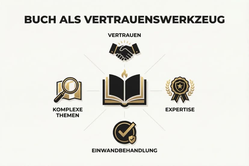 Ein Buch dient im Beratungsgespräch als zentrales Werkzeug, um Vertrauen zu schaffen, Expertise zu beweisen, Einwände zu entkräften und komplexe Themen verständlich zu machen.