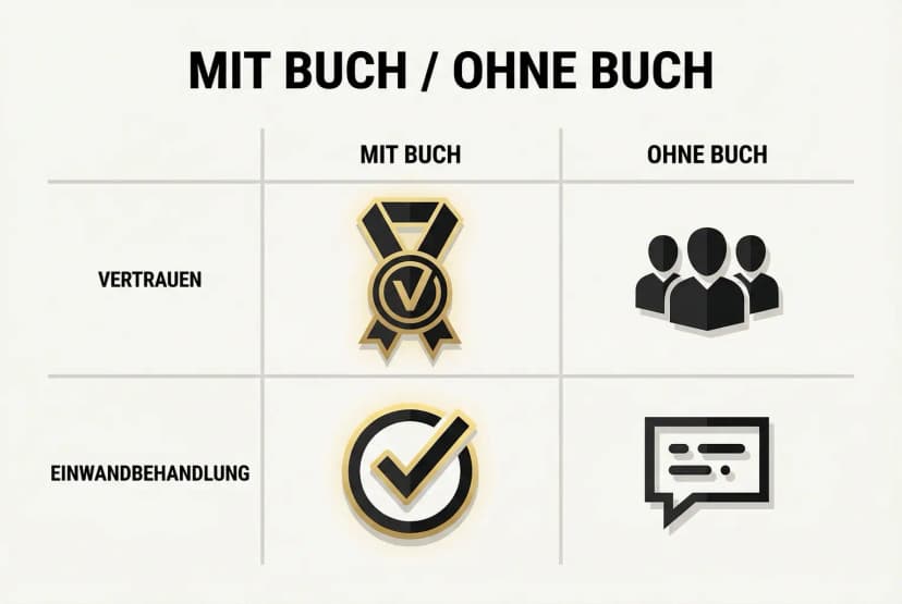 Eine Grafik vergleicht die Effekte eines Sales-Calls mit und ohne Buch: Mit Buch steigen Vertrauen und die Quote geschlossener Einwände, während ohne Buch Unsicherheit und offene Fragen dominieren.