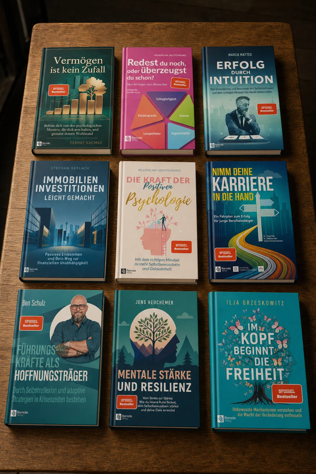 Sechzehn SPIEGEL-Bestseller aus dem Remote Verlag auf einem dunklen Holztisch