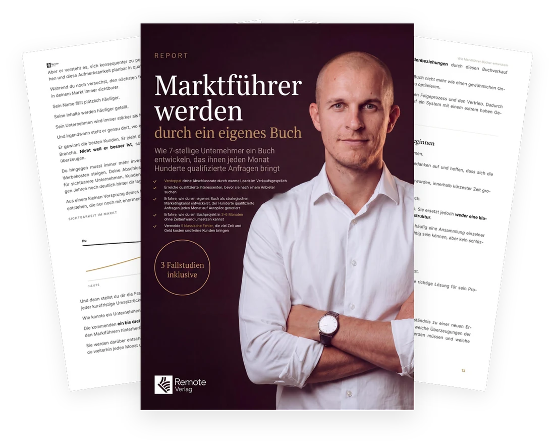 Mockup des Reports „Marktführer werden durch ein eigenes Buch“ mit Titelseite und aufgefächerten Innenseiten
